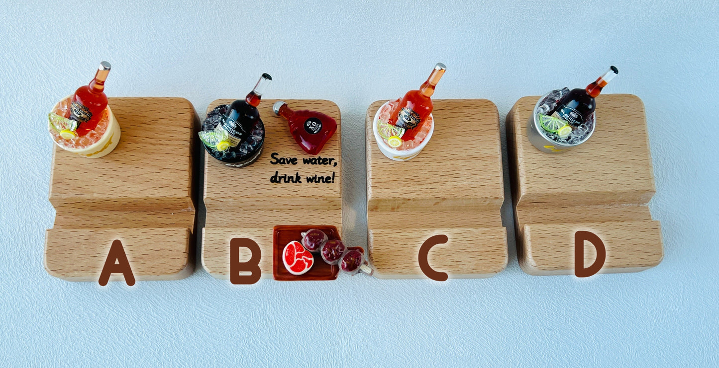 Personalized wooden phone stand with cute wine theme engraving