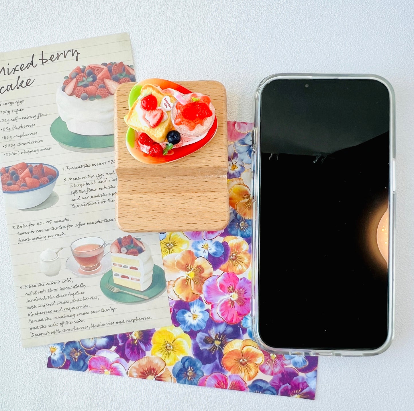 Personalized wooden phone stand with dessert strawberry theme engraving