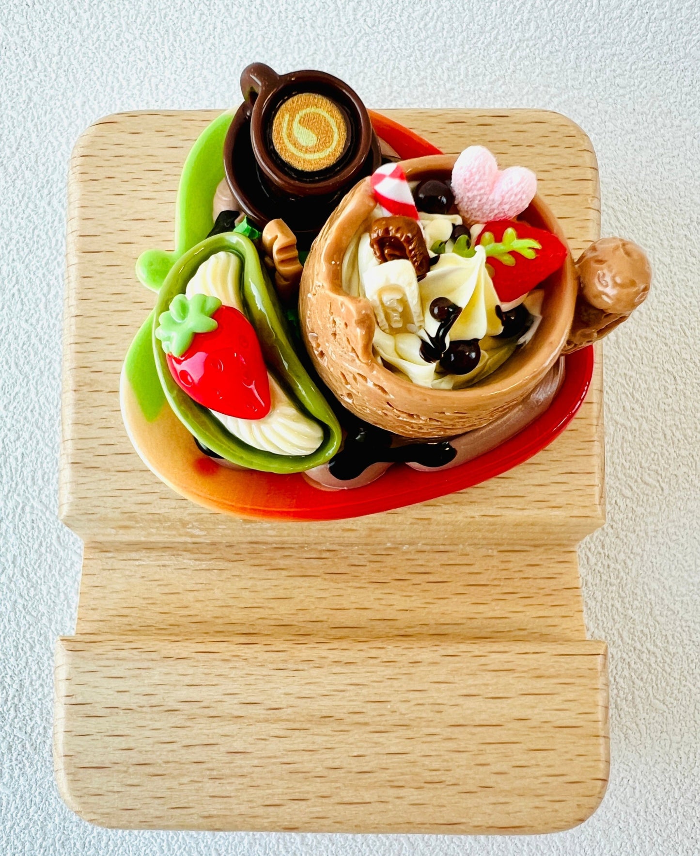 Personalized wooden phone stand with dessert strawberry theme engraving