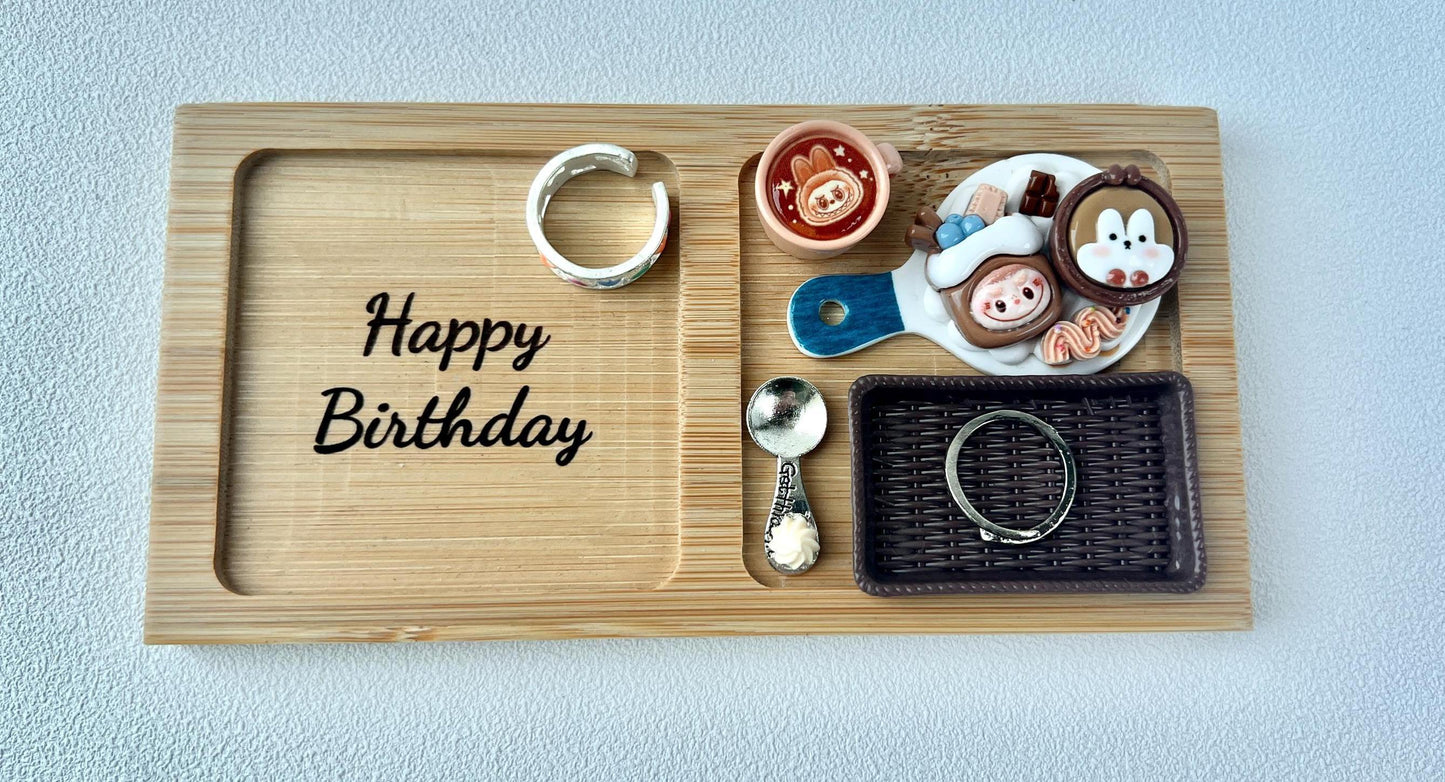 Labubu Theme Happy Birthday Bamboo Tray for Decoration Desk Organizer Tray for Accessories