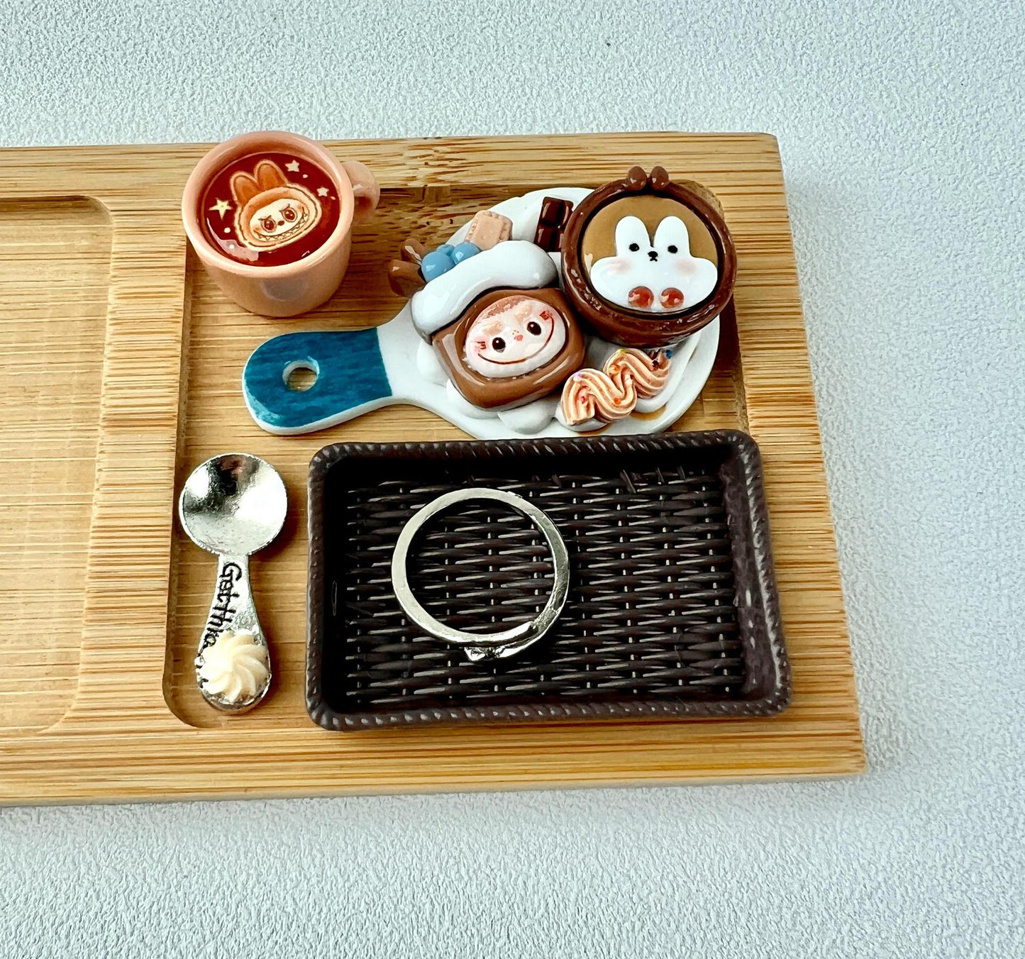 Labubu Theme Happy Birthday Bamboo Tray for Decoration Desk Organizer Tray for Accessories