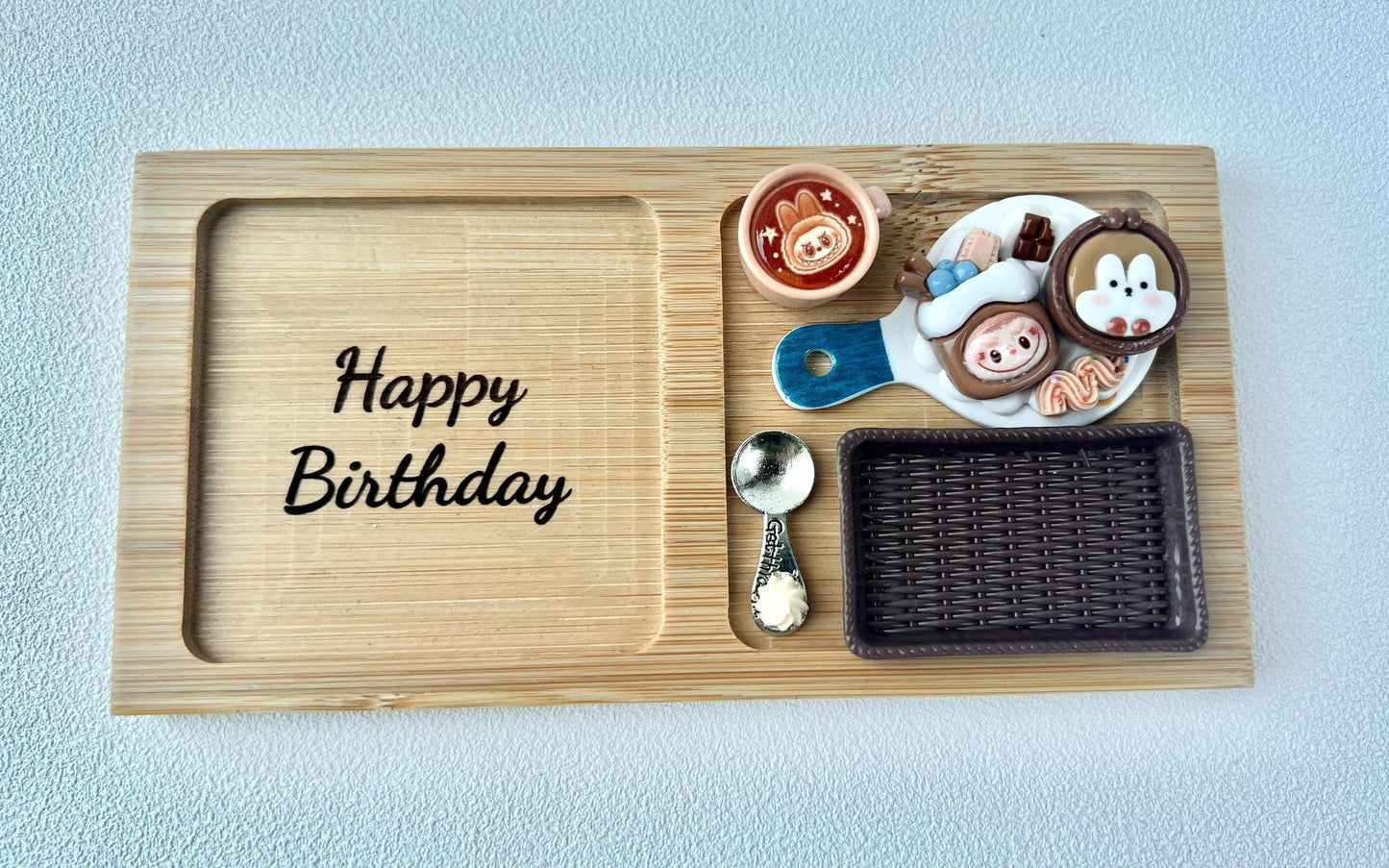 Labubu Theme Happy Birthday Bamboo Tray for Decoration Desk Organizer Tray for Accessories