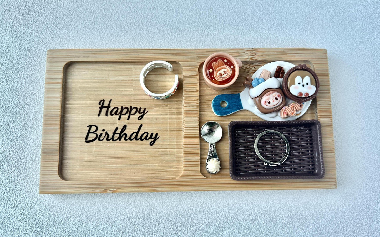 Labubu Theme Happy Birthday Bamboo Tray for Decoration Desk Organizer Tray for Accessories