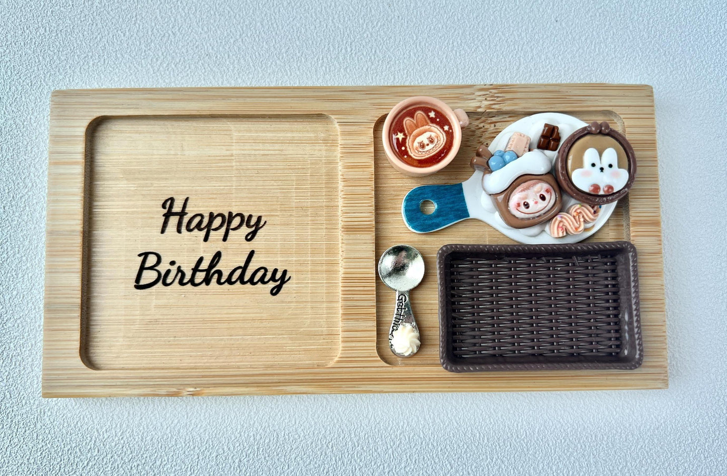 Labubu Theme Happy Birthday Bamboo Tray for Decoration Desk Organizer Tray for Accessories