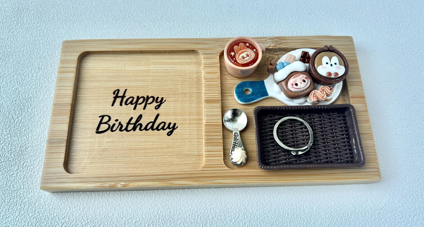 Labubu Theme Happy Birthday Bamboo Tray for Decoration Desk Organizer Tray for Accessories