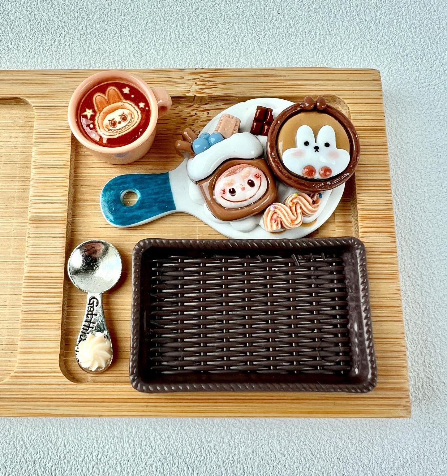 Labubu Theme Happy Birthday Bamboo Tray for Decoration Desk Organizer Tray for Accessories