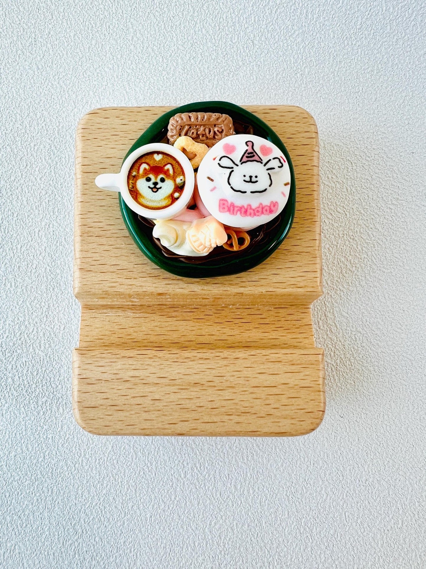 Birthday Cake Theme Personalized Engraving Phone Stand with Cute Charms Wooden Phone Support Phone Holder Desk Adorable Birthday Gift