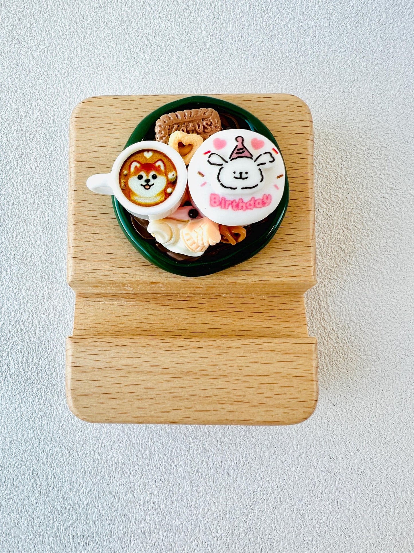 Birthday Cake Theme Personalized Engraving Phone Stand with Cute Charms Wooden Phone Support Phone Holder Desk Adorable Birthday Gift