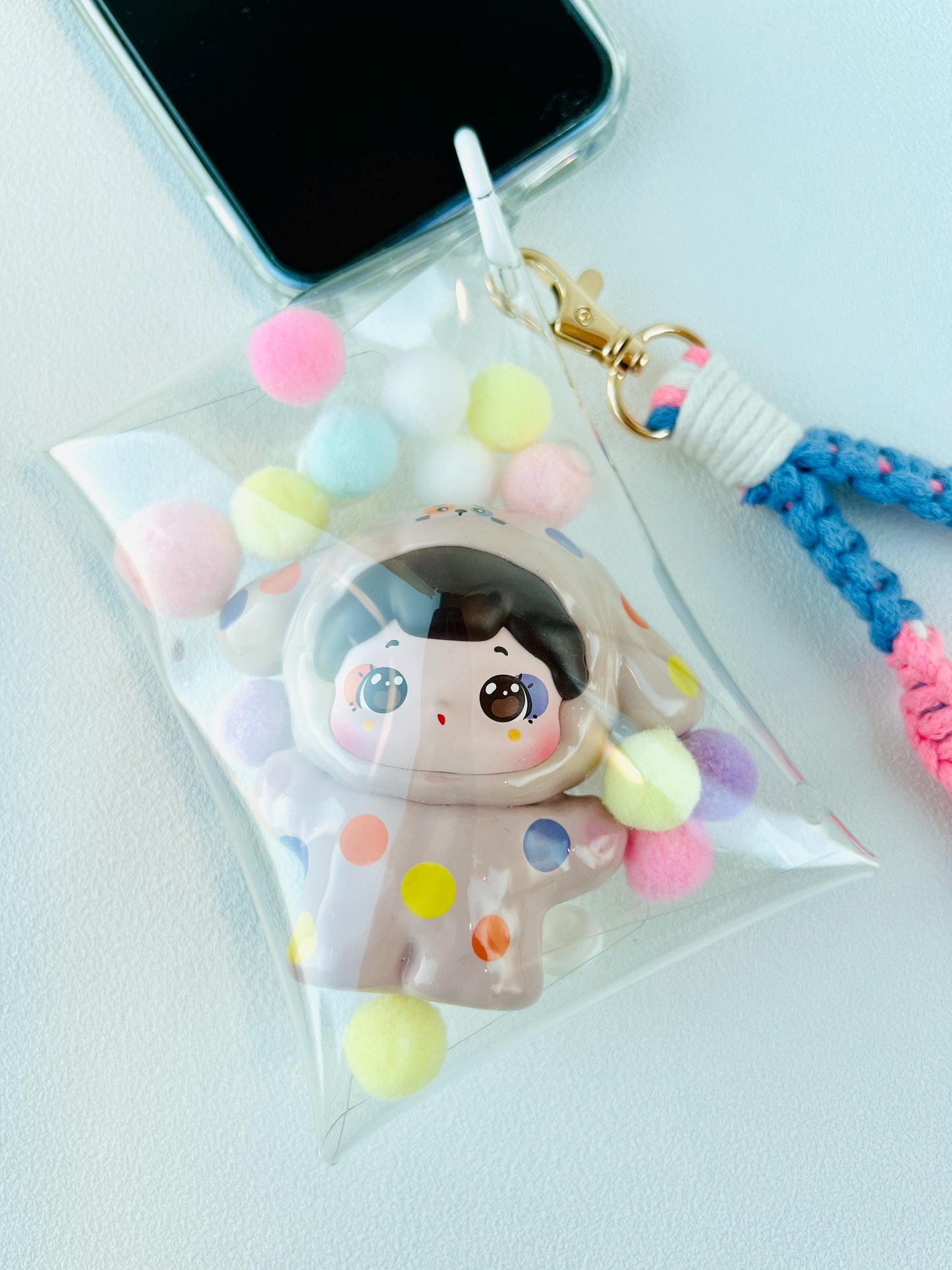 Braided Wrist Strap with Cute Figurine in PVC Bag Colorful Phone Chain Lovely Keychain Bag Accessories Phone Accessories