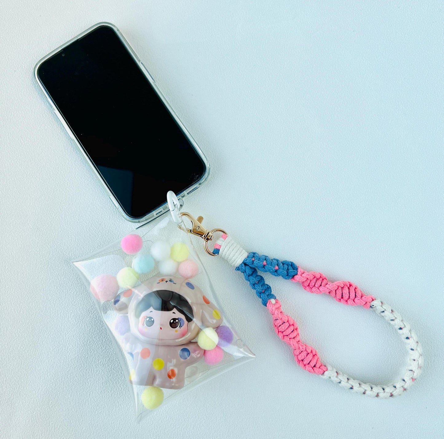 Braided Wrist Strap with Cute Figurine in PVC Bag Colorful Phone Chain Lovely Keychain Bag Accessories Phone Accessories