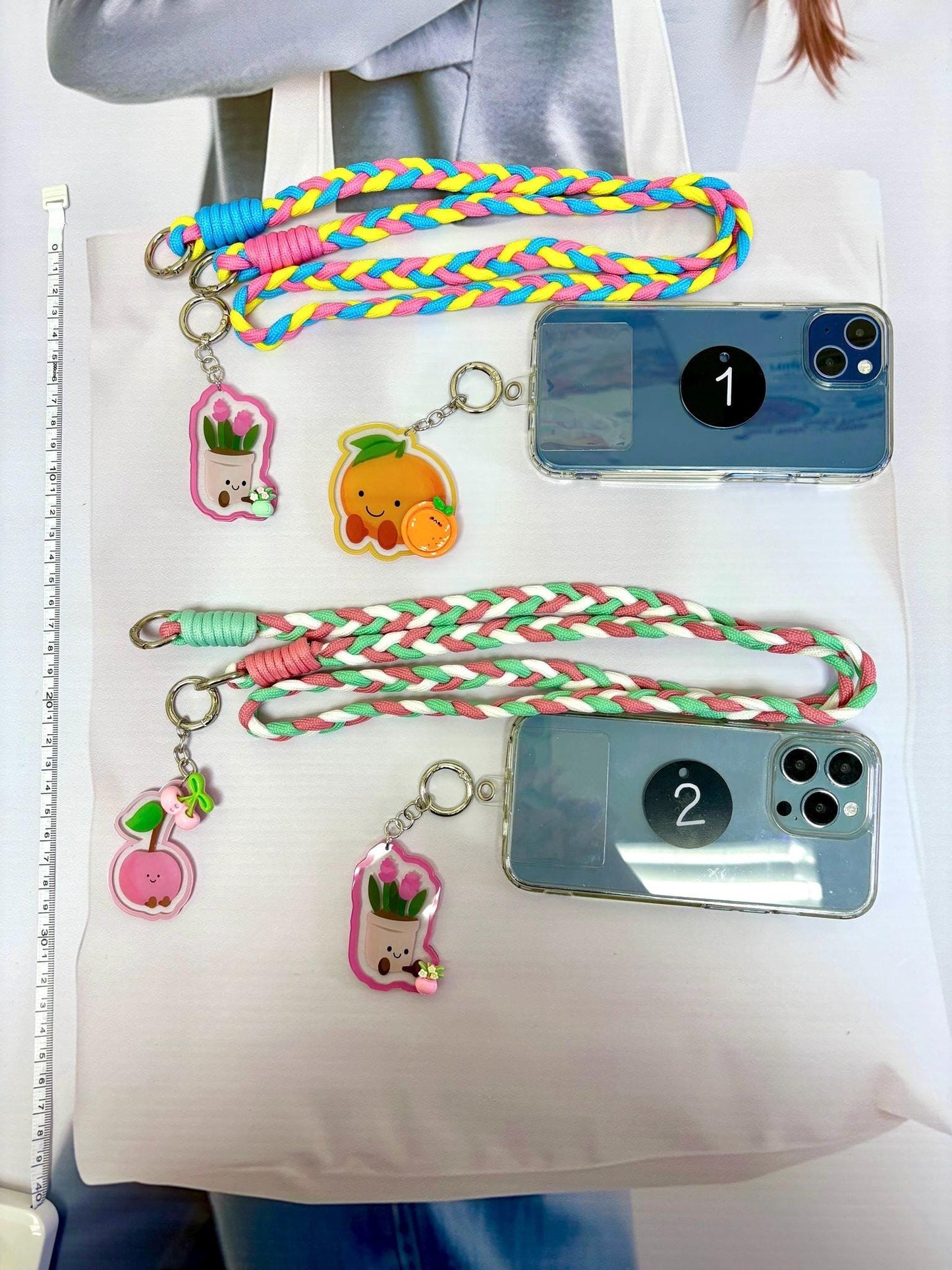 Cute Food Key Chain Set x 2 with Long Strap | Smiling Food Phone Accessory Cutecore Food Bag Accessories Kawaii Acrylic Keychain Gift