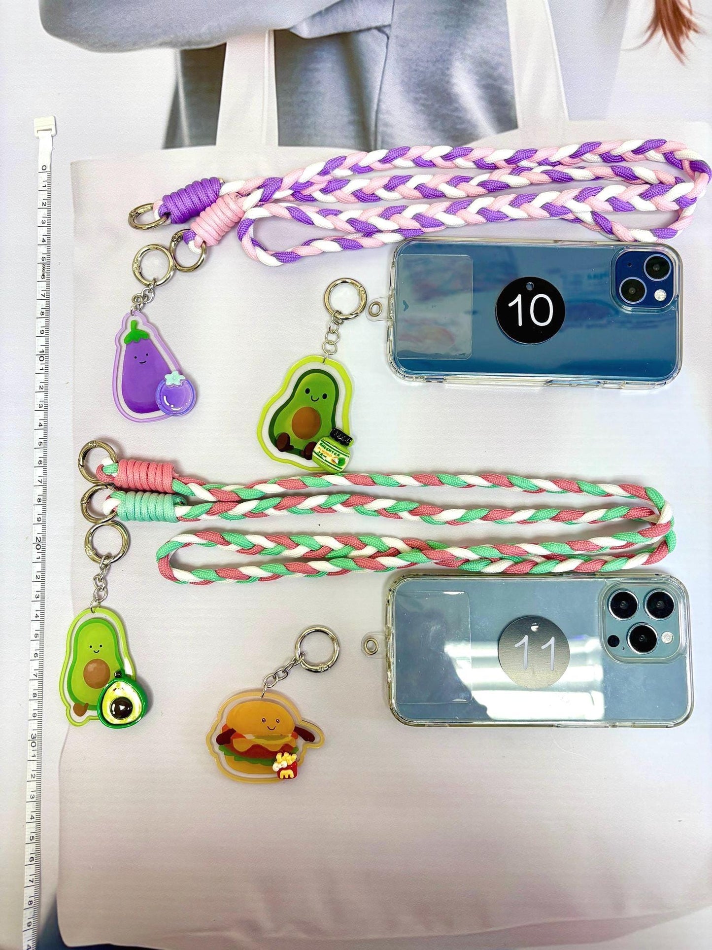 Cute Food Key Chain Set x 2 with Long Strap | Smiling Food Phone Accessory Cutecore Food Bag Accessories Kawaii Acrylic Keychain Gift
