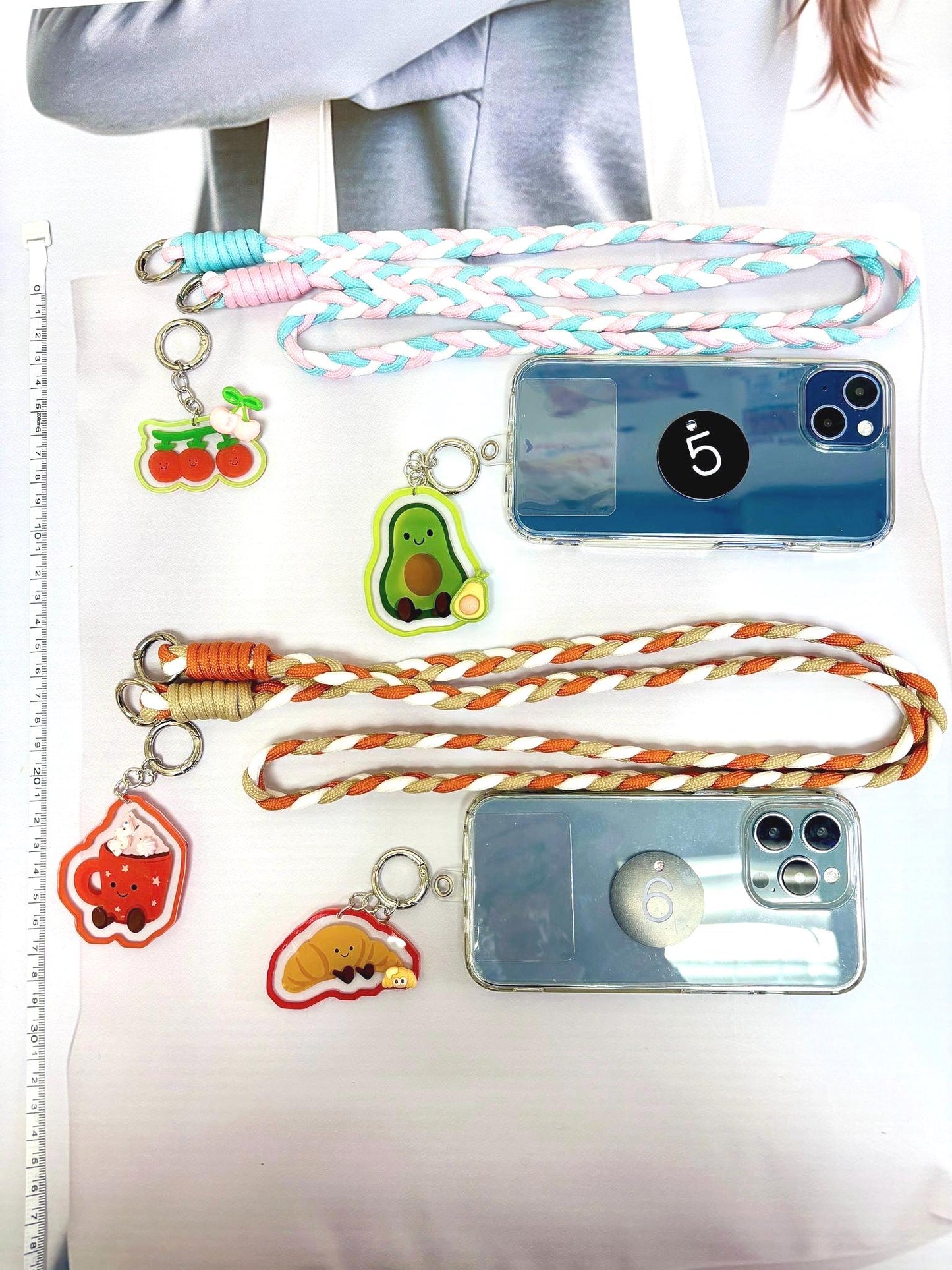 Cute Food Key Chain Set x 2 with Long Strap | Smiling Food Phone Accessory Cutecore Food Bag Accessories Kawaii Acrylic Keychain Gift