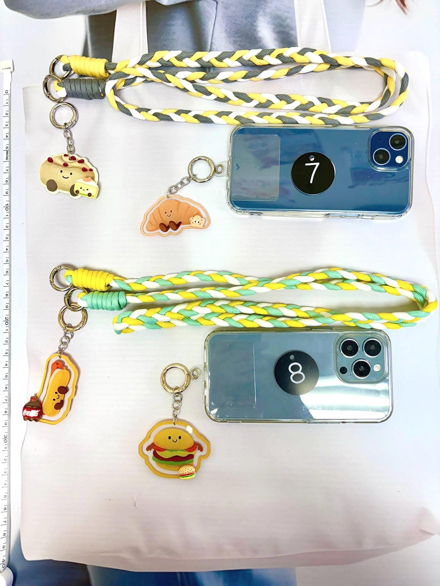 Cute Food Key Chain Set x 2 with Long Strap | Smiling Food Phone Accessory Cutecore Food Bag Accessories Kawaii Acrylic Keychain Gift