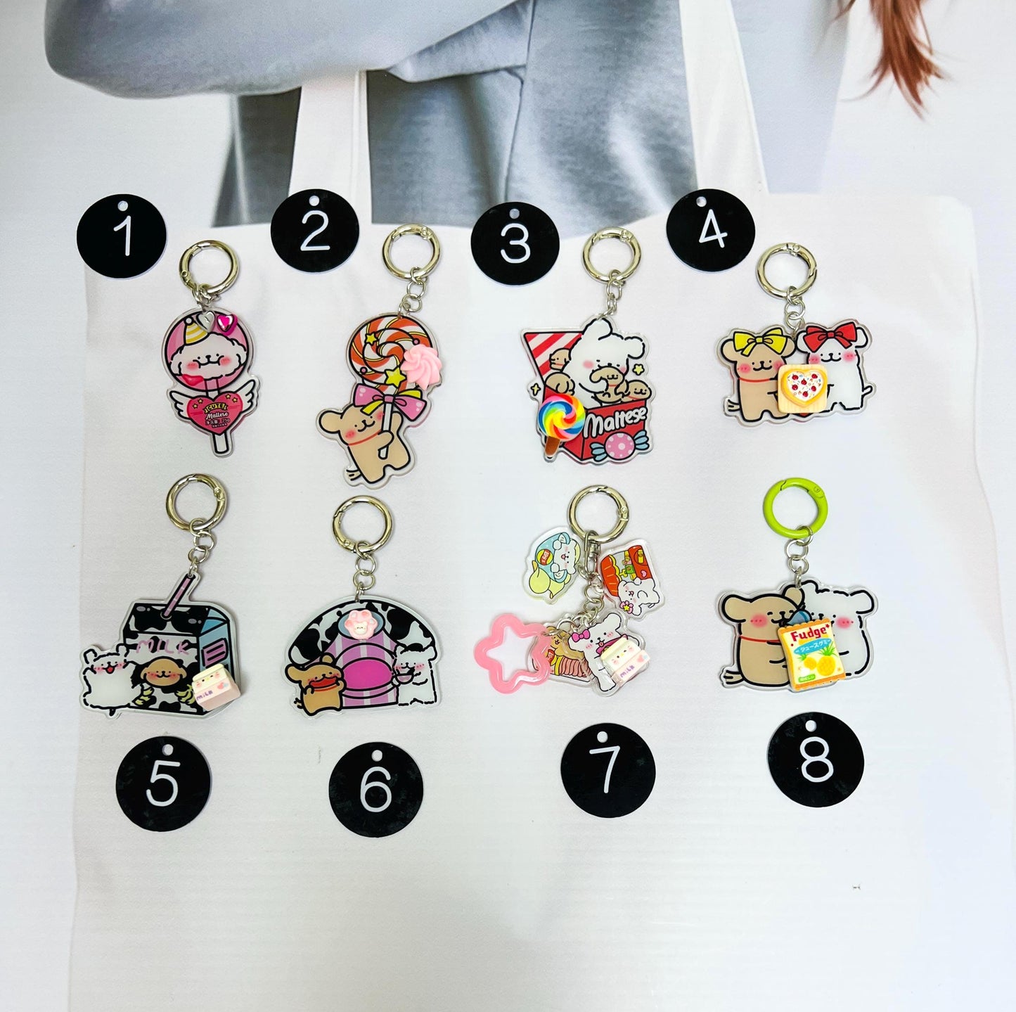 Maltese Puppy Keychain Decorated with Resin Charms | Kawaii Charm Bag Charm Handmade Accessory Acrylic Keychain Gift
