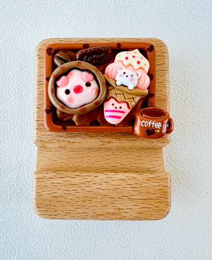 Personalized wooden phone stand with cute pig theme engraving