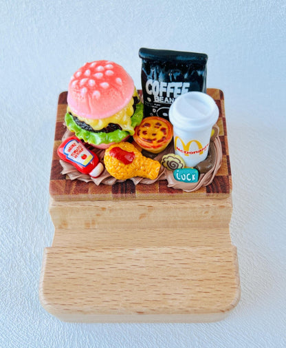Personalized wooden phone stand with fast food burger theme engraving 