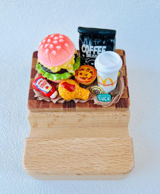 Personalized wooden phone stand with fast food burger theme engraving 