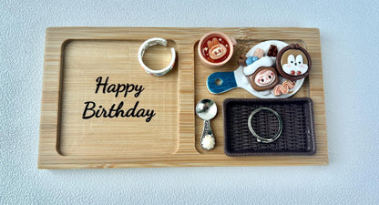 Labubu Theme Happy Birthday Bamboo Tray for Decoration Desk Organizer Tray for Accessories