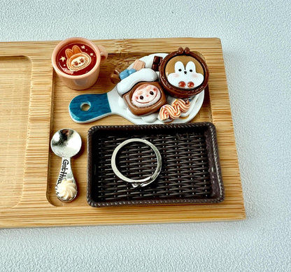 Labubu Theme Happy Birthday Bamboo Tray for Decoration Desk Organizer Tray for Accessories