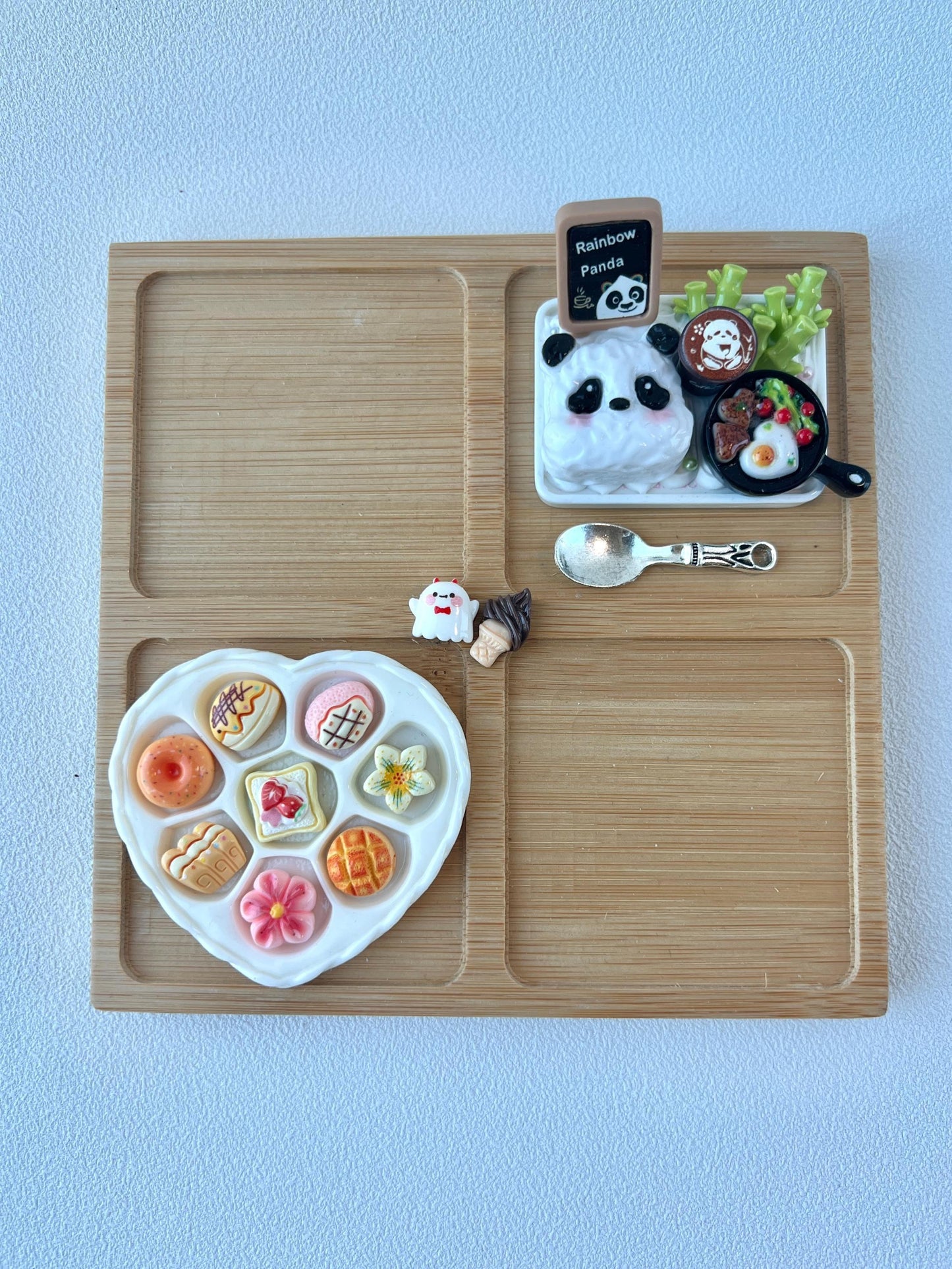 Personalized Bamboo Tray with Miniature Food and Bamboo Charms Custom Engraved Message
