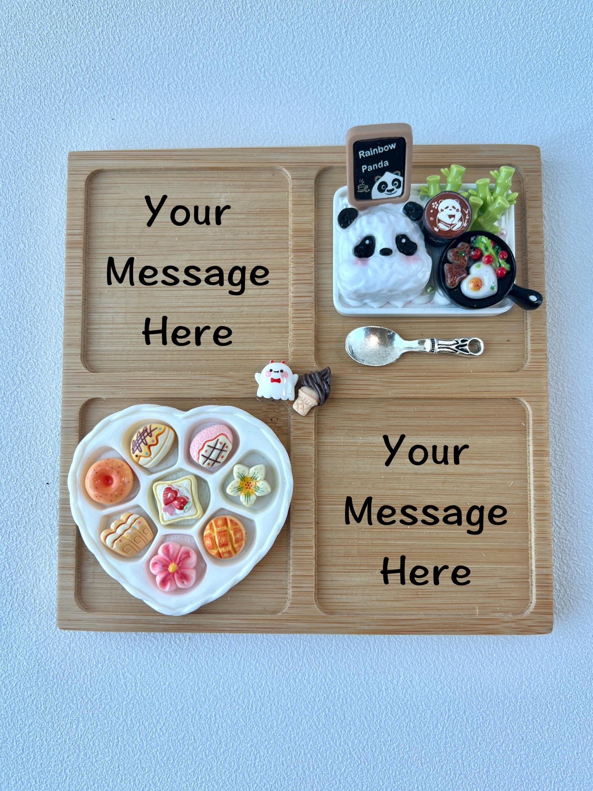 Personalized Bamboo Tray with Miniature Food and Bamboo Charms Custom Engraved Message
