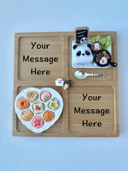 Personalized Bamboo Tray with Miniature Food and Bamboo Charms Custom Engraved Message