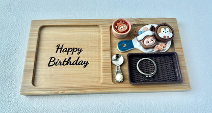 Labubu Theme Happy Birthday Bamboo Tray for Decoration Desk Organizer Tray for Accessories