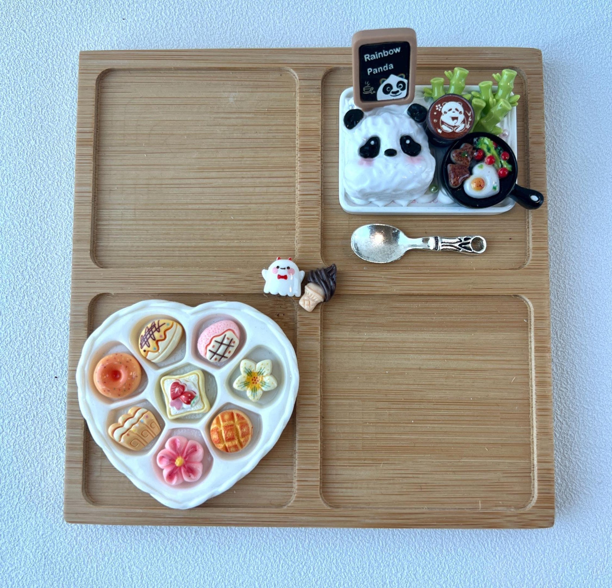 Personalized Bamboo Tray with Miniature Food and Bamboo Charms Custom Engraved Message