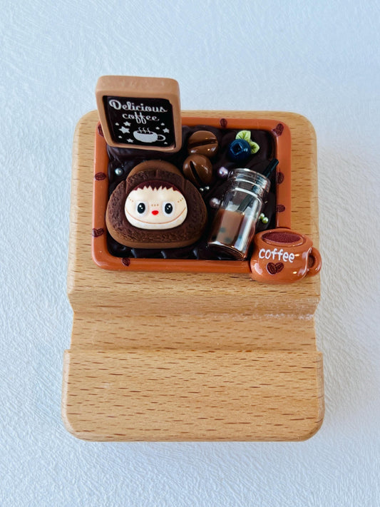 Labubu Personalized Engraving Phone Stand Wooden Phone Support Decorated with Labubu Charms Phone Holder Desk Adorable Gift