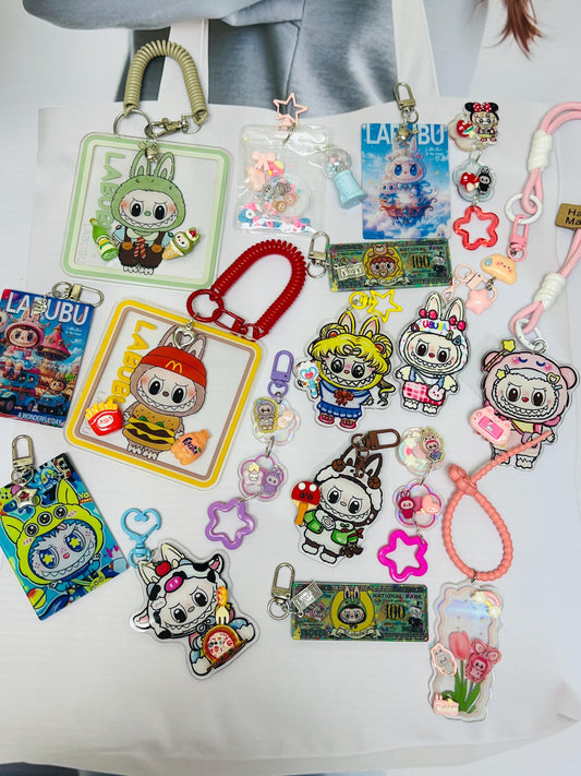 Labubu Keychain Decorated with Charms | Labubu Bag Charm Handmade Acrylic Keychain Gift